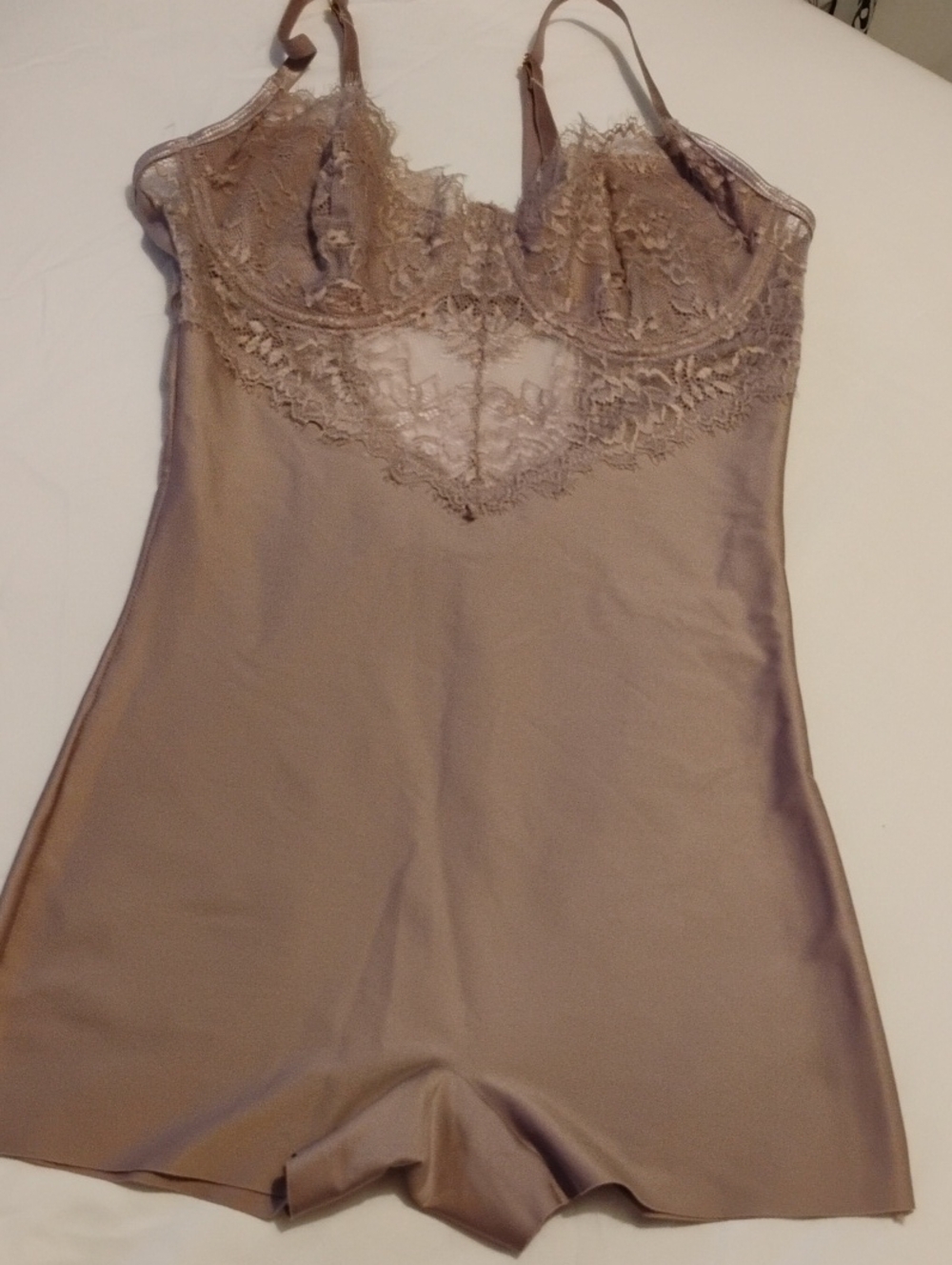 Lace-Trim Satin Chemise Romper in Taupe